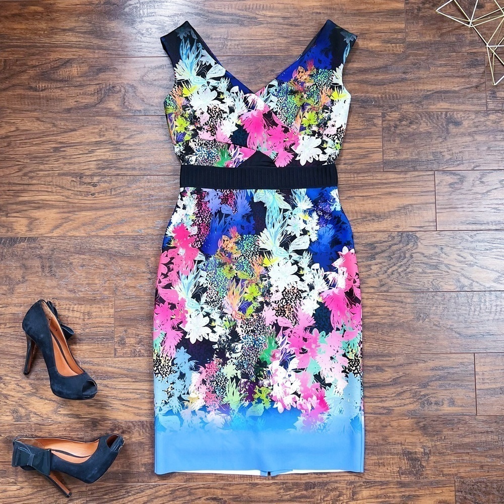 MILLY • Floral Ombré Sleeveless Sheath dress blue pink sleeveless scuba